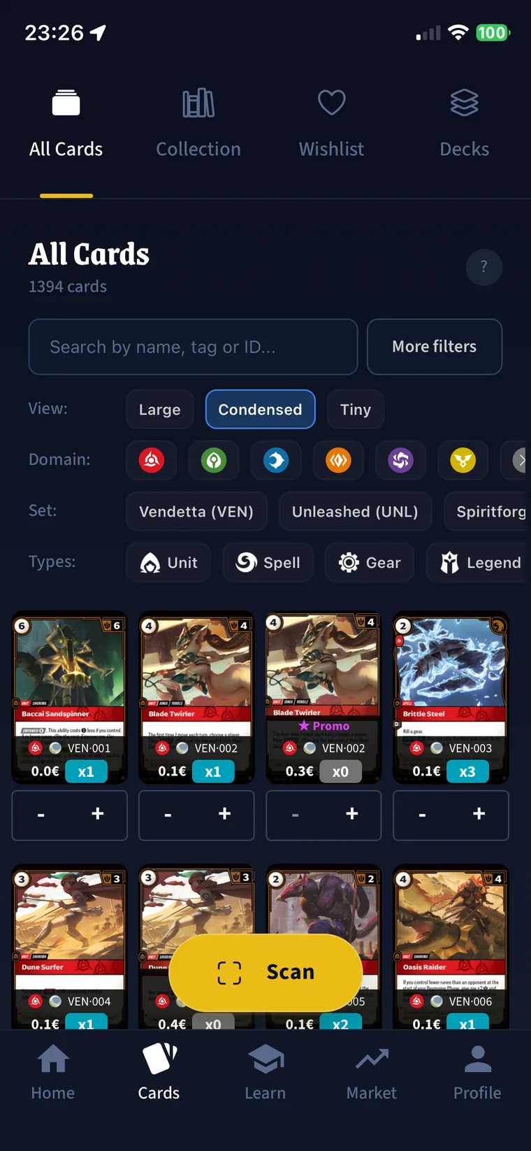 Card browser with prices