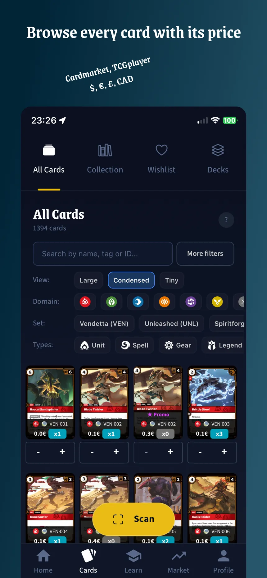 Card browser with prices
